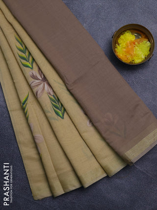 Linen cotton saree sandal and dark beige with floral hand paint prints and zari woven border