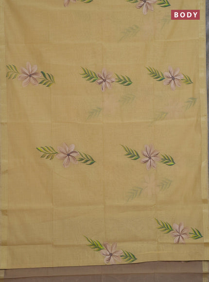 Linen cotton saree sandal and dark beige with floral hand paint prints and zari woven border