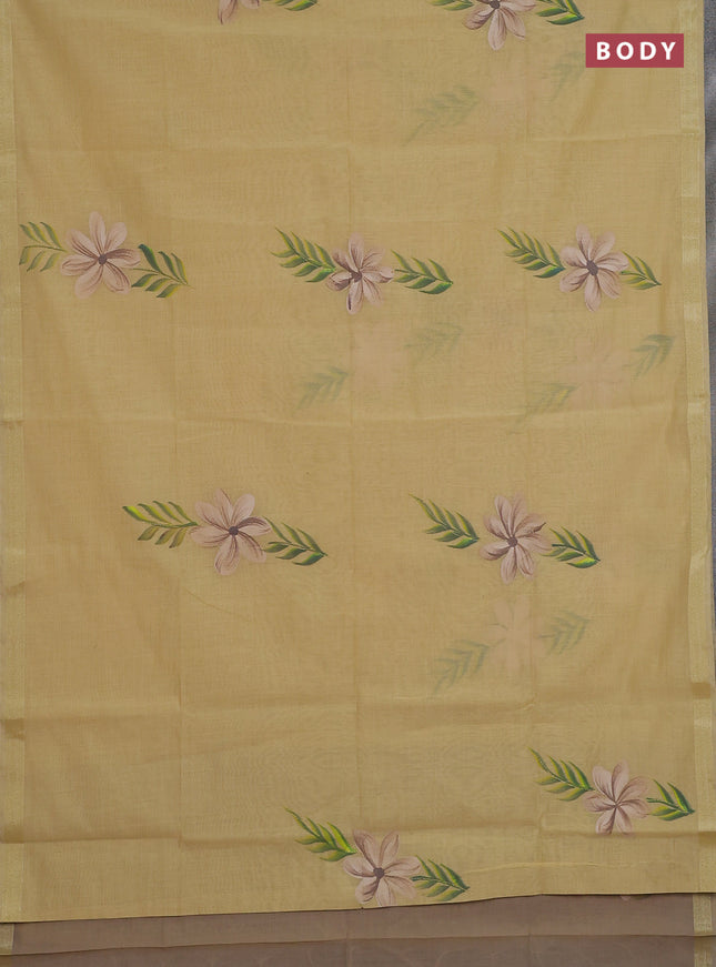 Linen cotton saree sandal and dark beige with floral hand paint prints and zari woven border