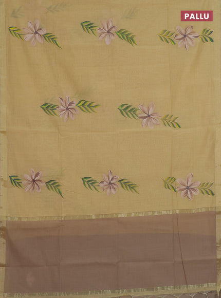 Linen cotton saree sandal and dark beige with floral hand paint prints and zari woven border