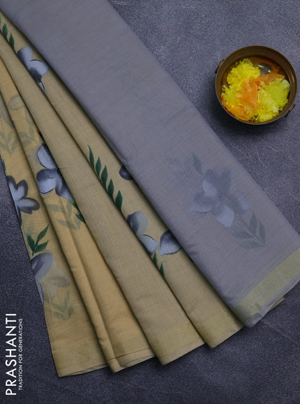 Linen cotton saree sandal and grey with floral hand paint prints and zari woven border