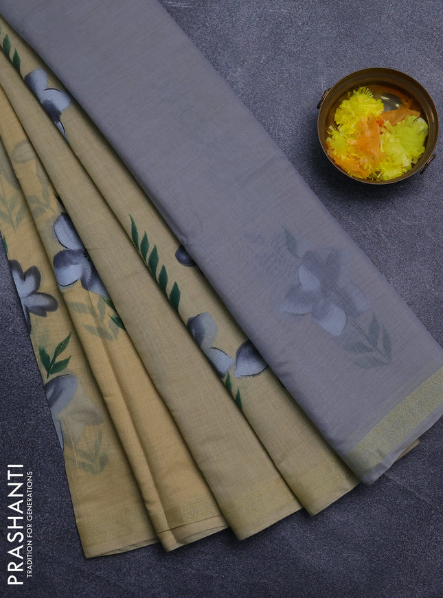 Linen cotton saree sandal and grey with floral hand paint prints and zari woven border