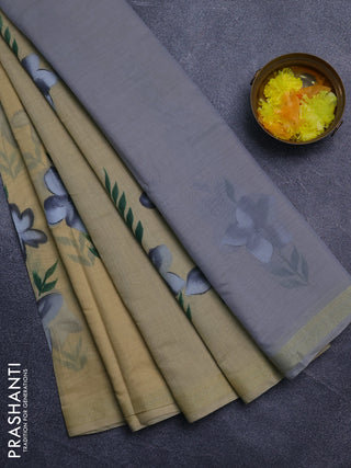 Linen cotton saree sandal and grey with floral hand paint prints and zari woven border