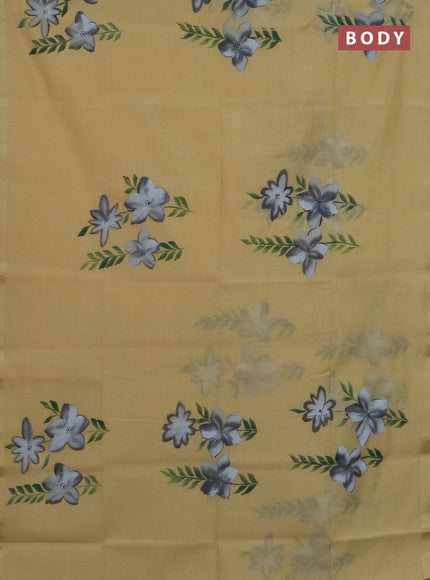 Linen cotton saree sandal and grey with floral hand paint prints and zari woven border