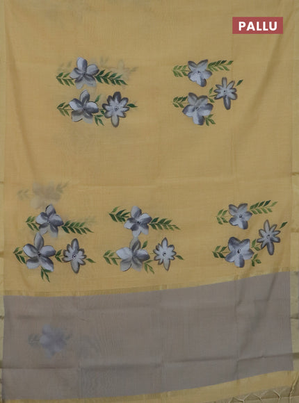 Linen cotton saree sandal and grey with floral hand paint prints and zari woven border