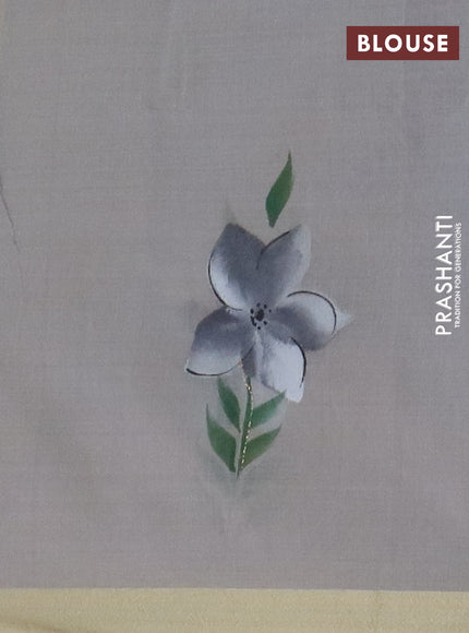 Linen cotton saree sandal and grey with floral hand paint prints and zari woven border