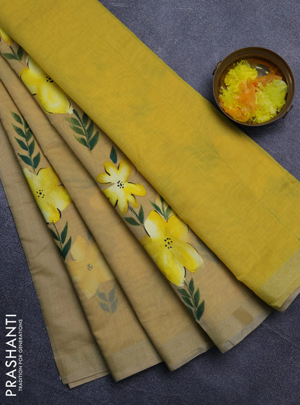 Linen cotton saree sandal and yellow with floral hand paint prints and zari woven border