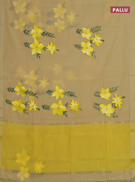 Linen cotton saree sandal and yellow with floral hand paint prints and zari woven border