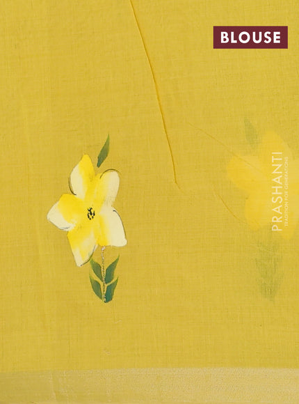 Linen cotton saree sandal and yellow with floral hand paint prints and zari woven border