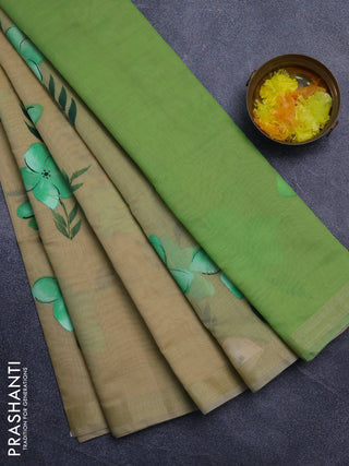 Linen cotton saree sandal and light green with floral hand paint prints and zari woven border