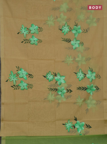 Linen cotton saree sandal and light green with floral hand paint prints and zari woven border
