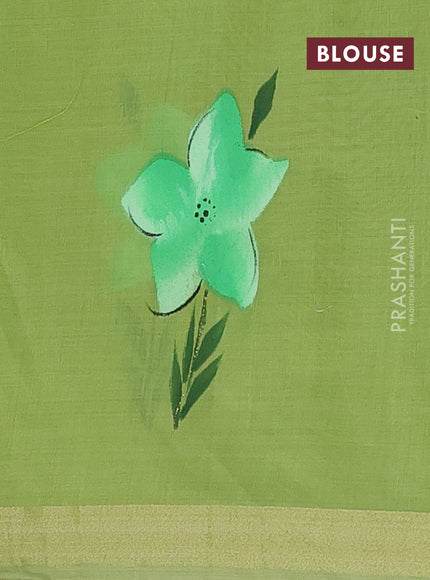 Linen cotton saree sandal and light green with floral hand paint prints and zari woven border