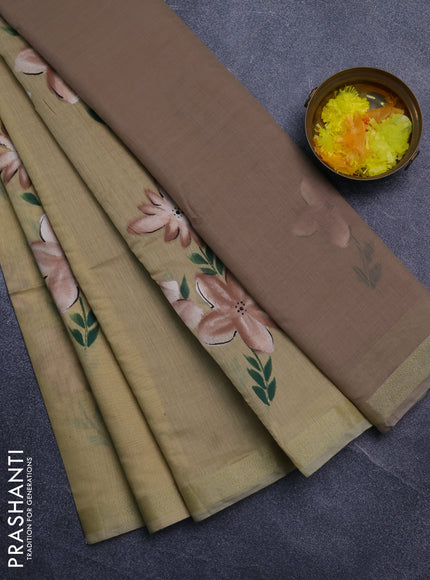 Linen cotton saree sandal and dark beige with floral hand paint prints and zari woven border