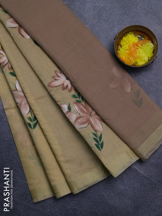 Linen cotton saree sandal and dark beige with floral hand paint prints and zari woven border