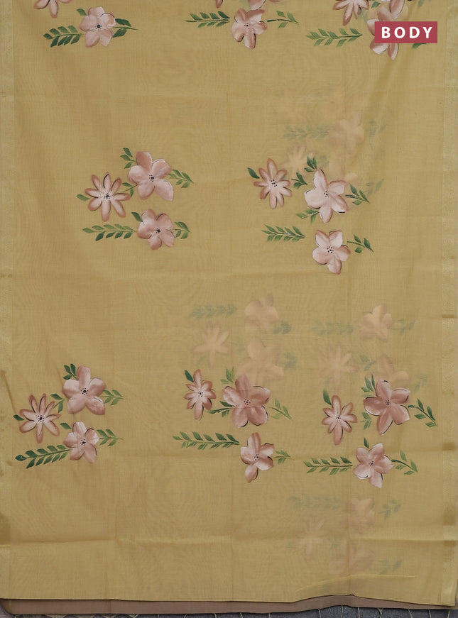 Linen cotton saree sandal and dark beige with floral hand paint prints and zari woven border
