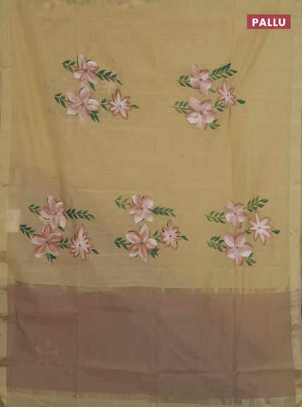 Linen cotton saree sandal and dark beige with floral hand paint prints and zari woven border