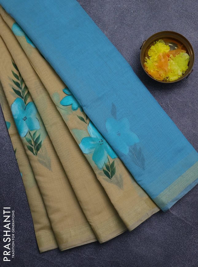 Linen cotton saree sandal and teal green with floral hand paint prints and zari woven border