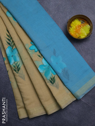 Linen cotton saree sandal and teal green with floral hand paint prints and zari woven border