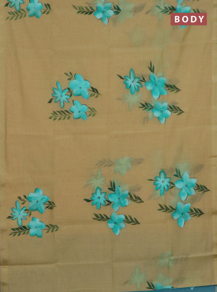 Linen cotton saree sandal and teal green with floral hand paint prints and zari woven border