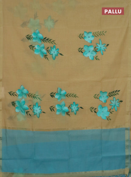 Linen cotton saree sandal and teal green with floral hand paint prints and zari woven border