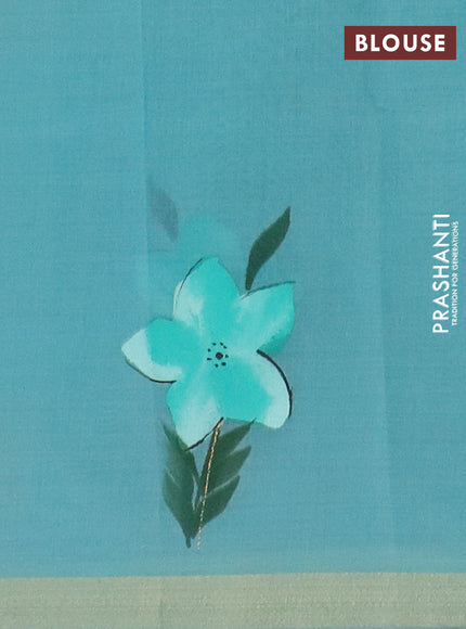 Linen cotton saree sandal and teal green with floral hand paint prints and zari woven border