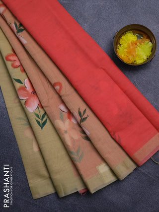 Linen cotton saree sandal and peach shade with floral hand paint prints and zari woven border
