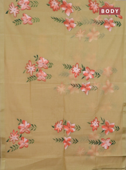 Linen cotton saree sandal and peach shade with floral hand paint prints and zari woven border