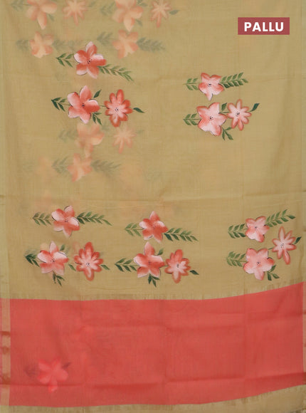 Linen cotton saree sandal and peach shade with floral hand paint prints and zari woven border