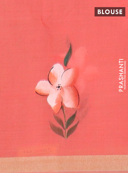 Linen cotton saree sandal and peach shade with floral hand paint prints and zari woven border