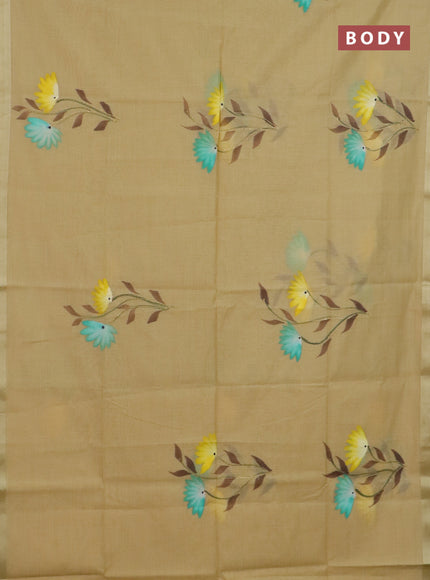 Linen cotton saree sandal and yellow with floral hand paint prints and zari woven border