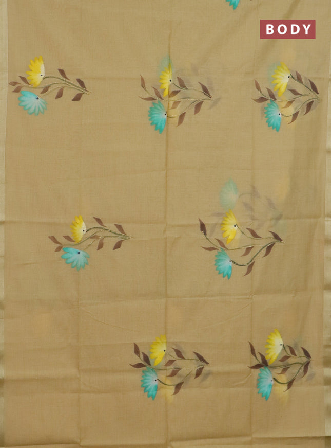 Linen cotton saree sandal and yellow with floral hand paint prints and zari woven border