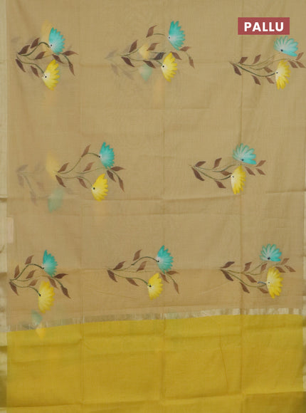 Linen cotton saree sandal and yellow with floral hand paint prints and zari woven border