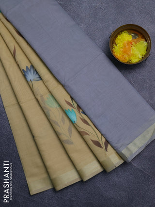 Linen cotton saree sandal and grey with floral hand paint prints and zari woven border