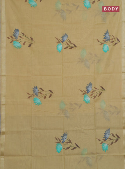 Linen cotton saree sandal and grey with floral hand paint prints and zari woven border