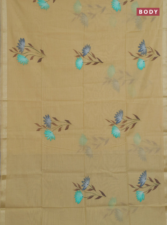 Linen cotton saree sandal and grey with floral hand paint prints and zari woven border