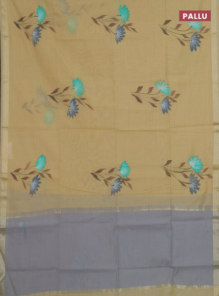 Linen cotton saree sandal and grey with floral hand paint prints and zari woven border