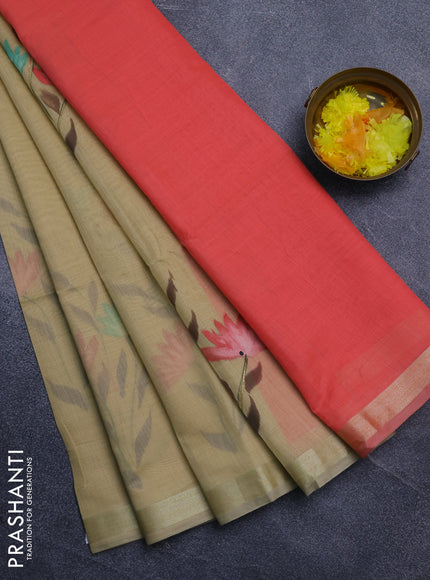 Linen cotton saree sandal and peach shade with floral hand paint prints and zari woven border