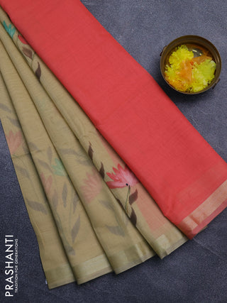 Linen cotton saree sandal and peach shade with floral hand paint prints and zari woven border