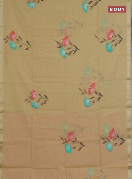 Linen cotton saree sandal and peach shade with floral hand paint prints and zari woven border