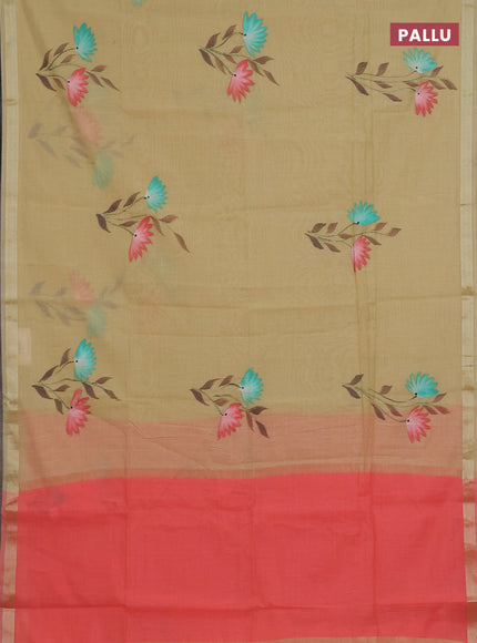 Linen cotton saree sandal and peach shade with floral hand paint prints and zari woven border