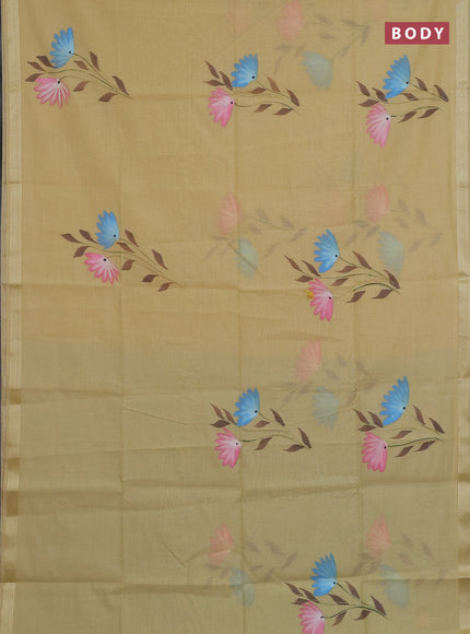 Linen cotton saree sandal and teal blue with floral hand paint prints and zari woven border