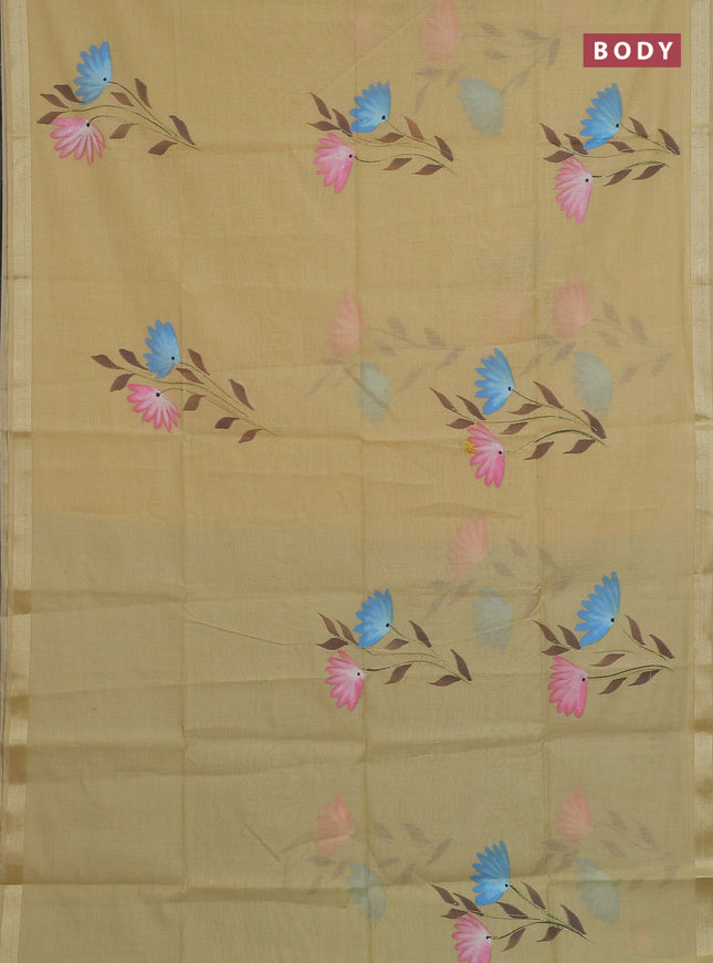 Linen cotton saree sandal and teal blue with floral hand paint prints and zari woven border
