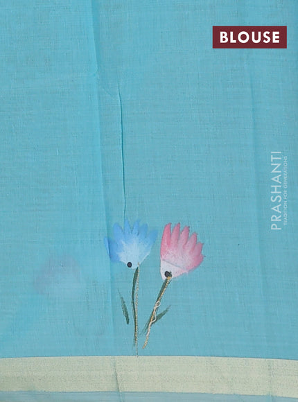 Linen cotton saree sandal and teal blue with floral hand paint prints and zari woven border
