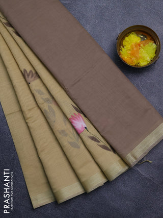 Linen cotton saree sanda and dark beige with floral hand paint prints and zari woven border