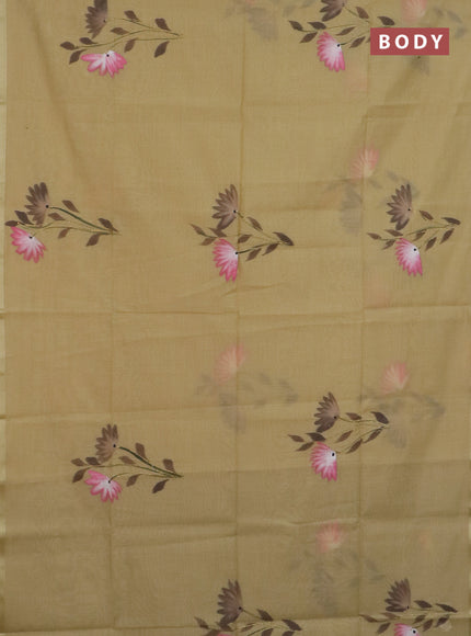 Linen cotton saree sanda and dark beige with floral hand paint prints and zari woven border