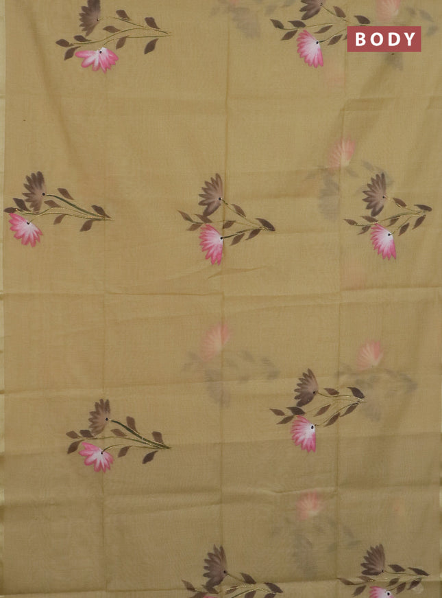 Linen cotton saree sanda and dark beige with floral hand paint prints and zari woven border