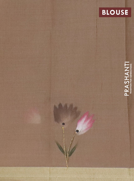 Linen cotton saree sanda and dark beige with floral hand paint prints and zari woven border