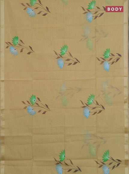 Linen cotton saree sandal and light green with floral hand paint prints and zari woven border