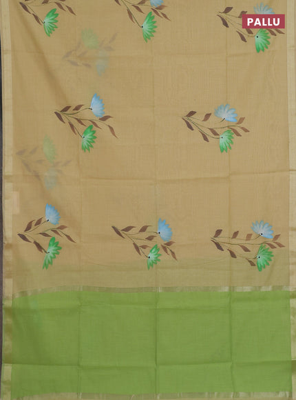 Linen cotton saree sandal and light green with floral hand paint prints and zari woven border