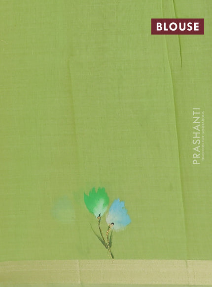 Linen cotton saree sandal and light green with floral hand paint prints and zari woven border